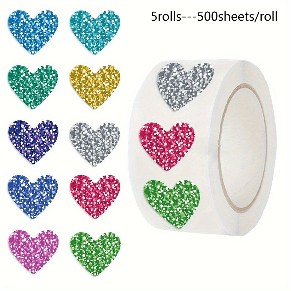 Glitter Heart Stickers Roll – 500 Sparkly Self-Adhesive Hearts