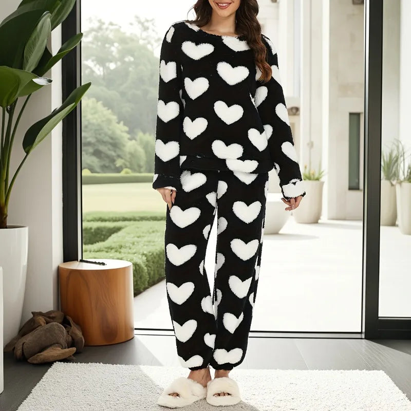 Women's Pink Heart Coral Fleece Pajama Set – Warm 2Pc Loungewear