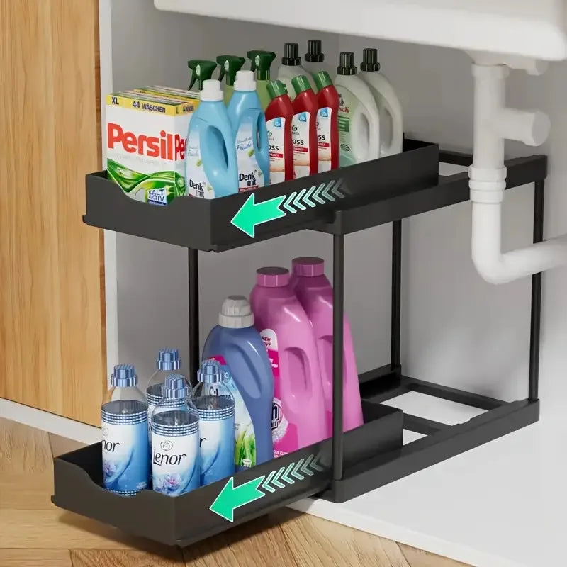 Pull Out Storage Rack 2 Tier Black White Under Sink Organizer