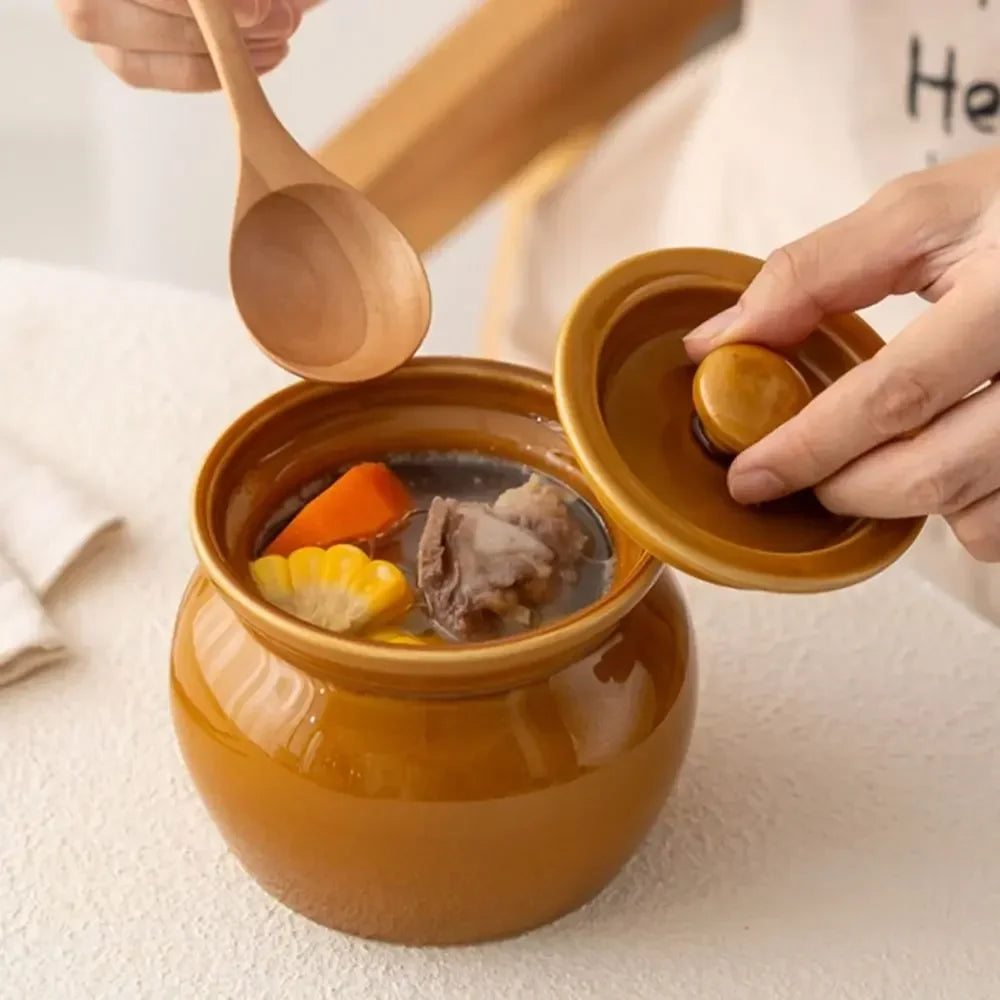 Ceramic Lidded Stew Pot | Single-Serve Soup & Clay Bowl 400ml