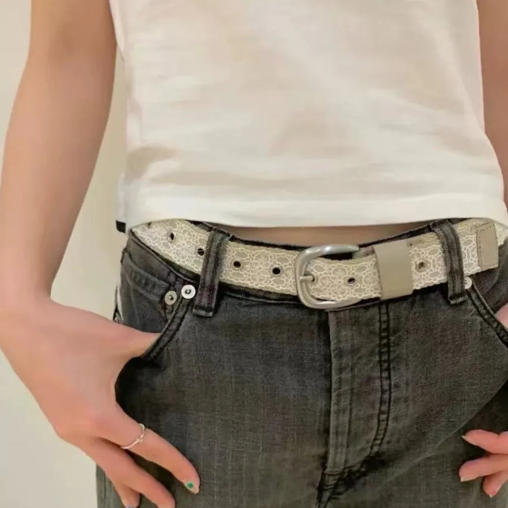 Korean Y2K Lace Canvas Waist Belt Metal Buckle – Beige