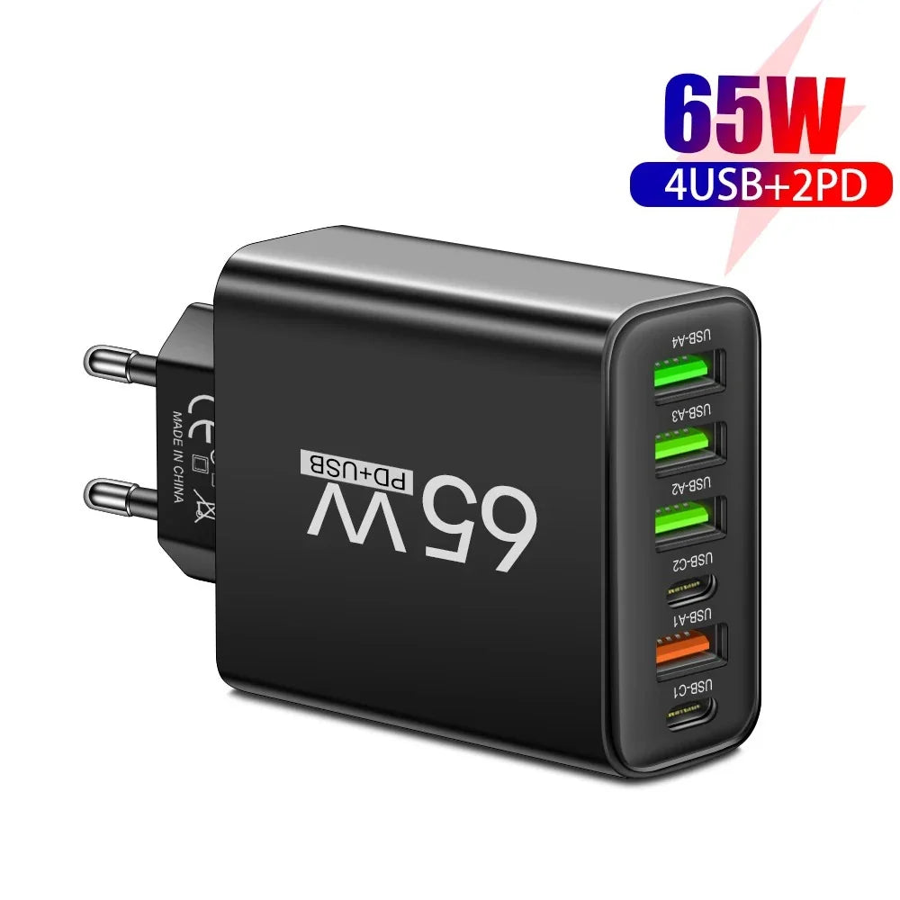 6-Port 65W USB-C Fast Charger Wall Adapter | EU & US Plug
