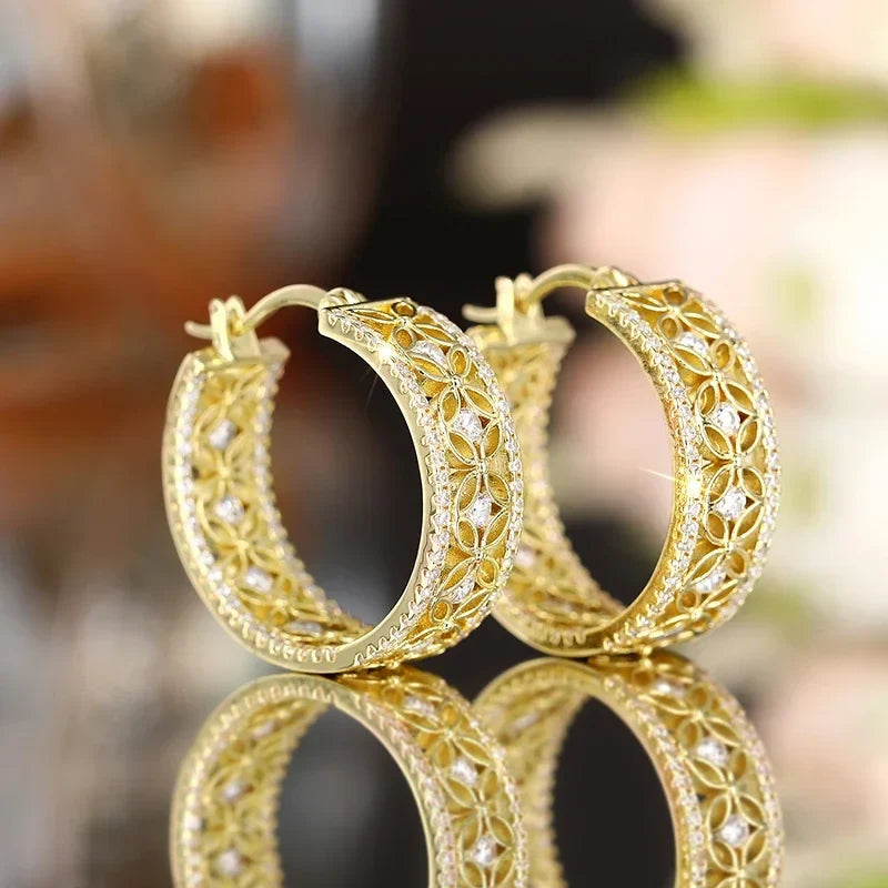 Huitan Gold CZ Hollow Flower Hoop Earrings | Bridal Jewelry