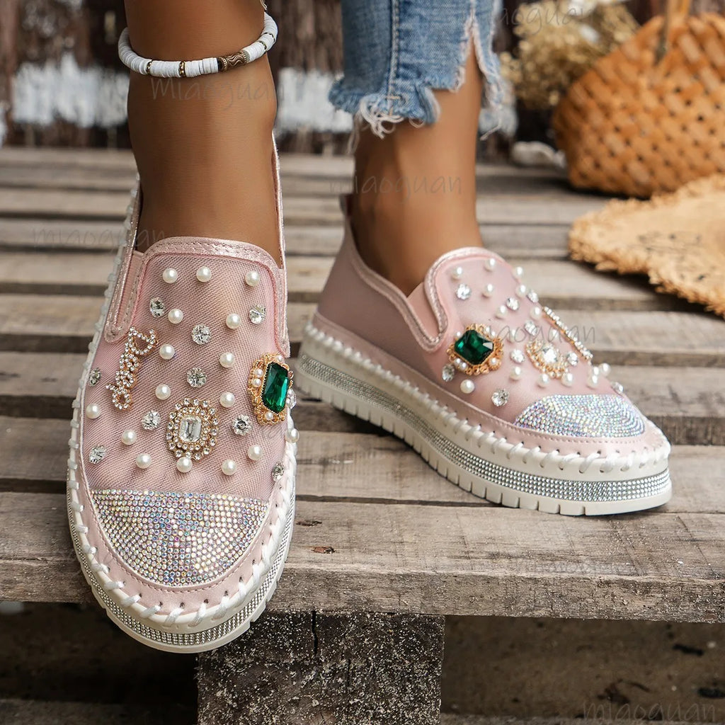 Women's Pearl Rhinestone Flat Loafers – Slip-On Summer Shoes