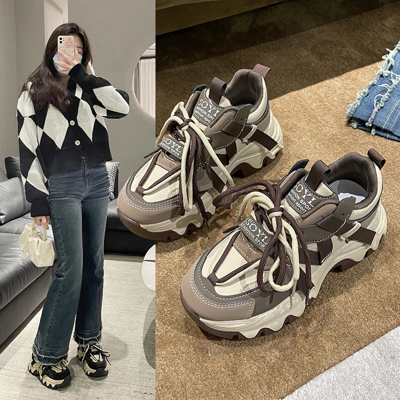 Women's Chunky Platform Sneakers – Lace-Up Casual Sports Shoes