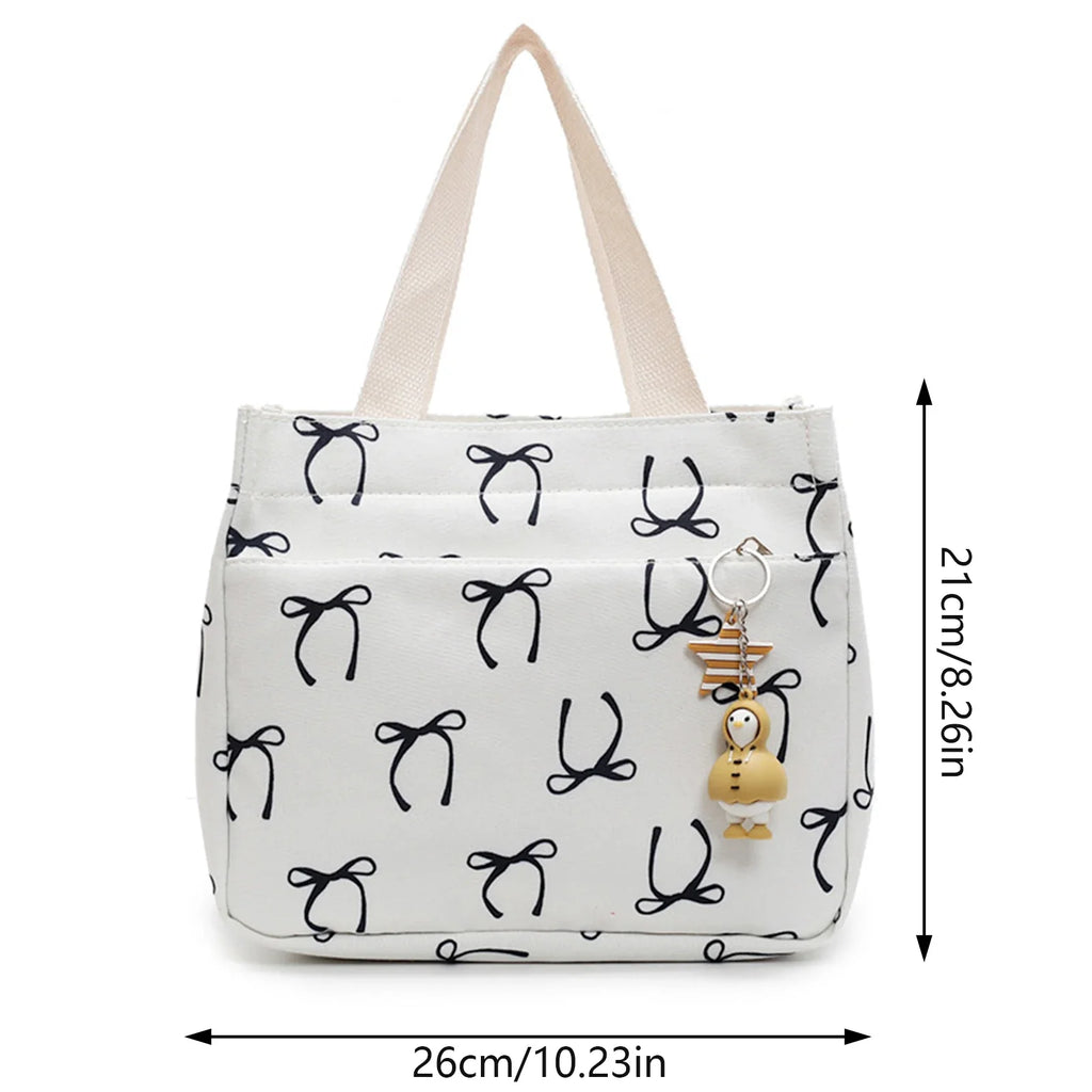 Canvas Lunch Bag Bow Pendant – Lightweight Bento Tote for Women