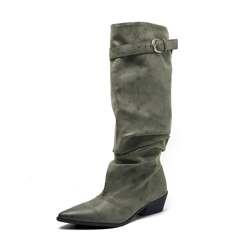Retro Pleated Belt Buckle Women's Knee-High Boots Square Heel