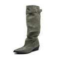 Retro Pleated Belt Buckle Women's Knee-High Boots Square Heel