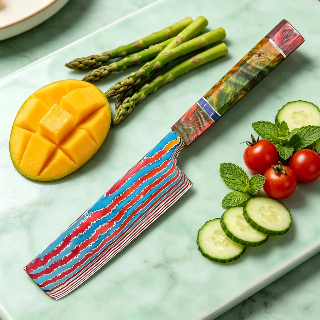 80-Layer Damascus Steel Nakiri Knife – Colored Wood Handle
