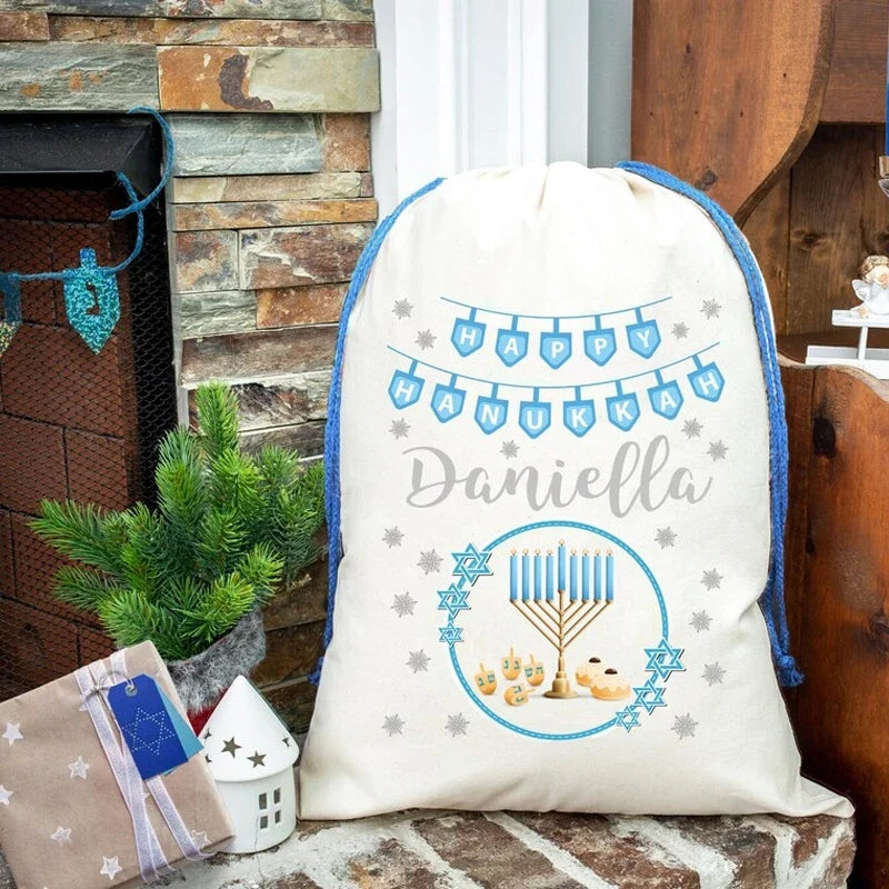 Personalized Hanukkah Drawstring Gift Bag | Custom Name Sack