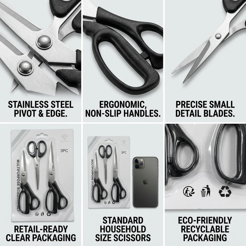 3-Piece Stainless Steel Scissors Set – Sewing, Office & Craft