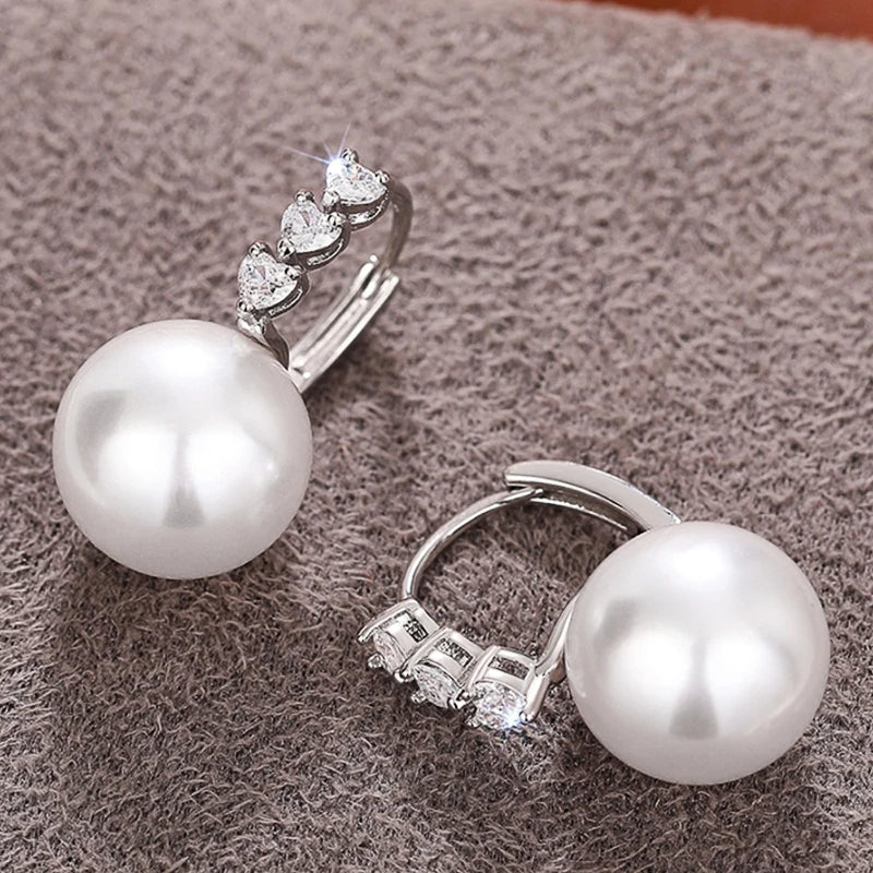 Huitan Bridal Pearl Drop Earrings – Heart CZ Silver Tone