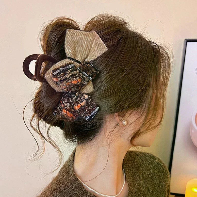 Retro Double Bow Color-Block Large Shark Hair Clip for Women