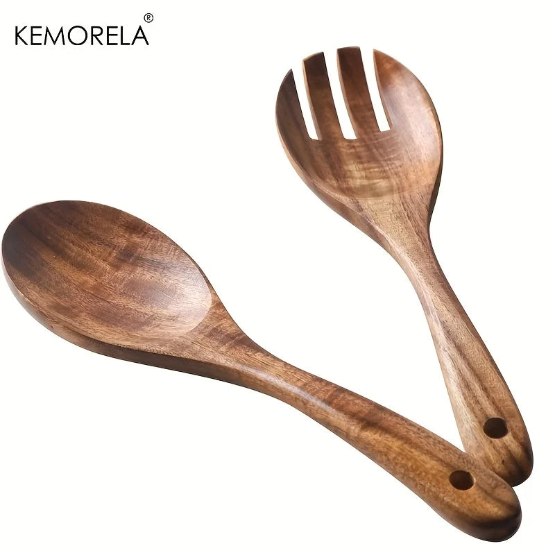 KEMORELA Acacia Wood Salad Servers – Long Handle Spoon & Fork
