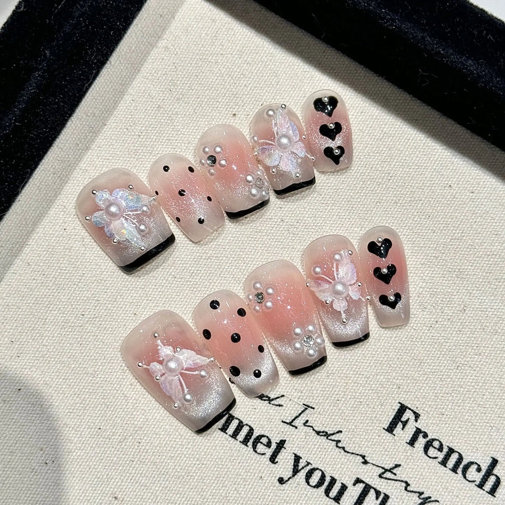 Handmade Press-On Nails Fairy Butterfly French Cat Eye | 10pcs