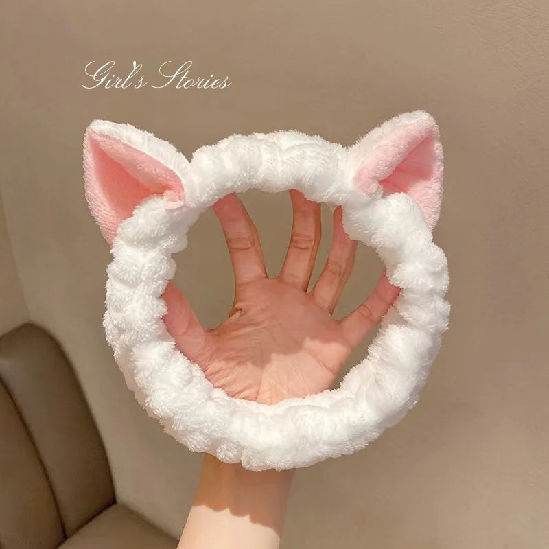 Cat Ear Coral Plush Headband – Soft Bow Makeup Hair Band