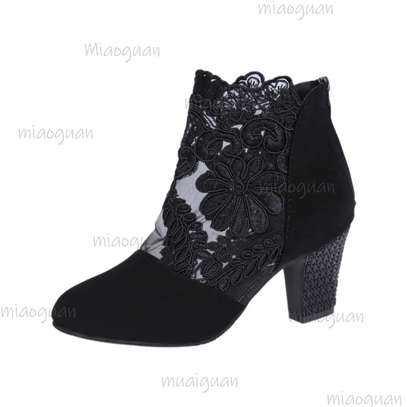 Women's Lace Heeled Gladiator Sandals | Square Heel Booties