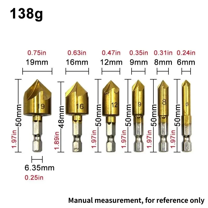 6PC Countersink Drill Bit Set 6–19mm | Titanium Chamfering Tool