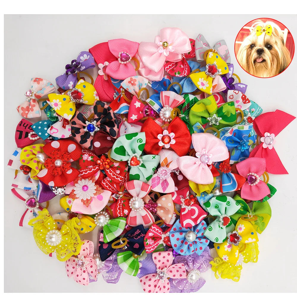 Cute Pet Dog Hair Bows Mixed Patterns Elastic Rubber Bands Puppy