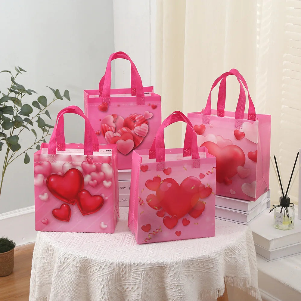 Pink Heart Non-Woven Tote Bags – 8pc Reusable Gift Bags