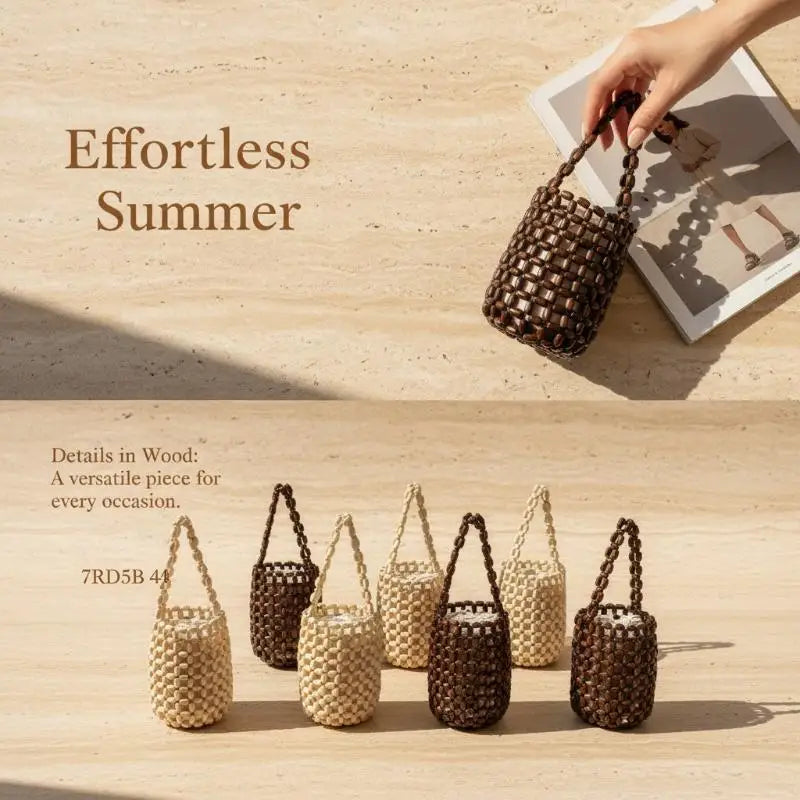 Handmade Wood Bead Mini Bucket Bag – Boho Wrist Purse