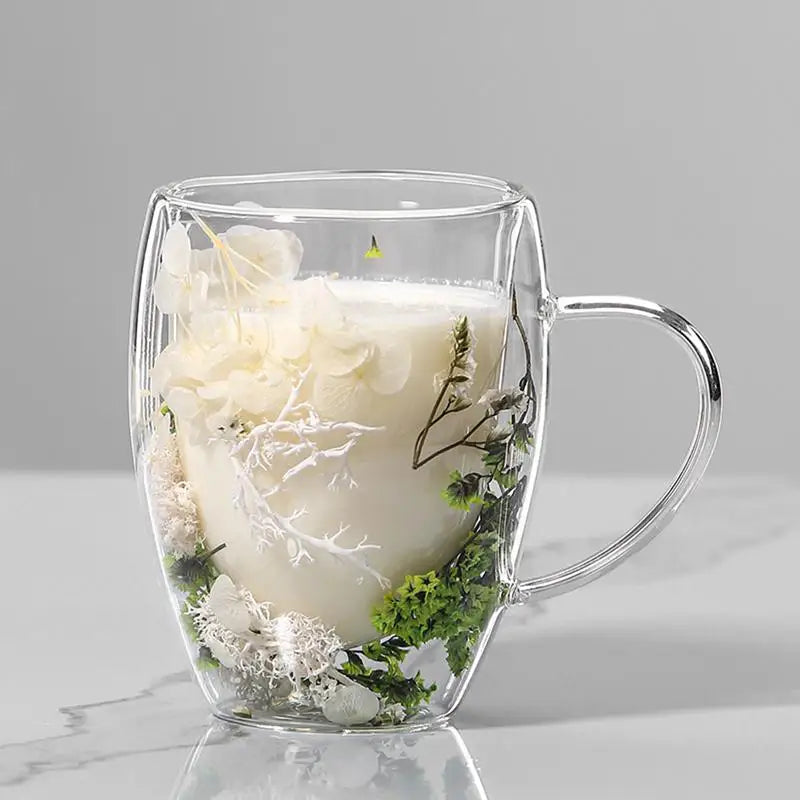 Double Wall Glass Cup Dried Flowers Anti-scalding Mug Coffee Milk