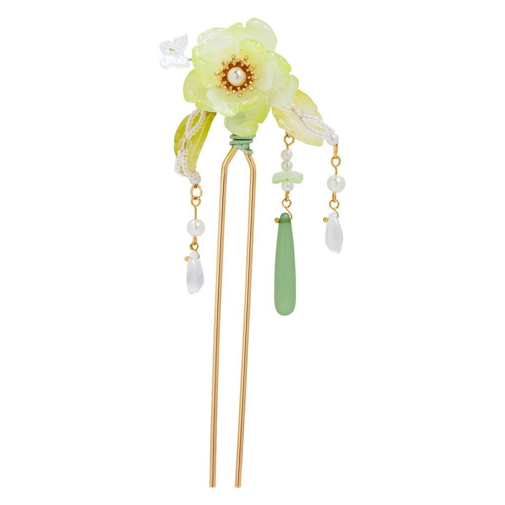 Green Hanfu Hairpin | Alloy Tassel Floral Hair Stick