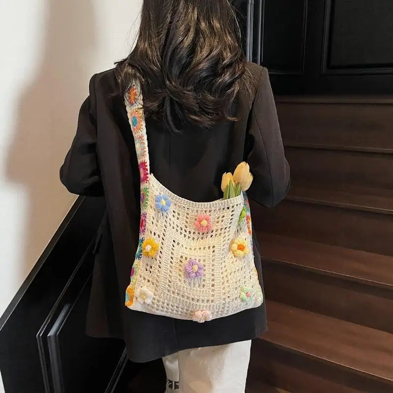 Women's Crochet Flower Knitted Tote Bag | Large Beach Shoulder Bag