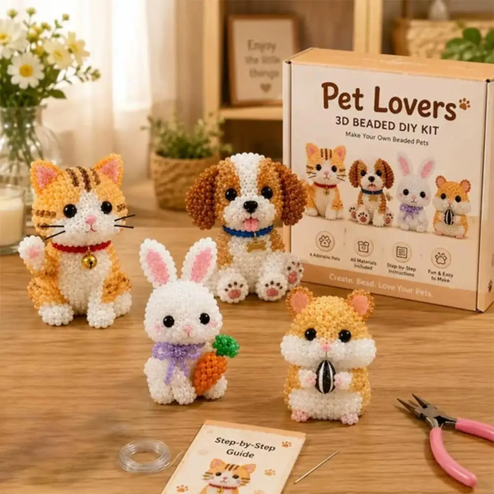 3D Bead Art Animal DIY Kit – 4-Piece Beadwork Craft Set