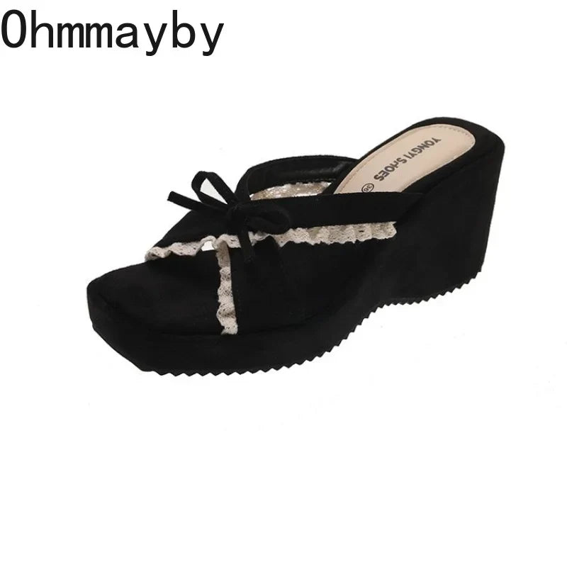 Women's Lace Butterfly-Knot Wedge Slippers | Open Toe Slides