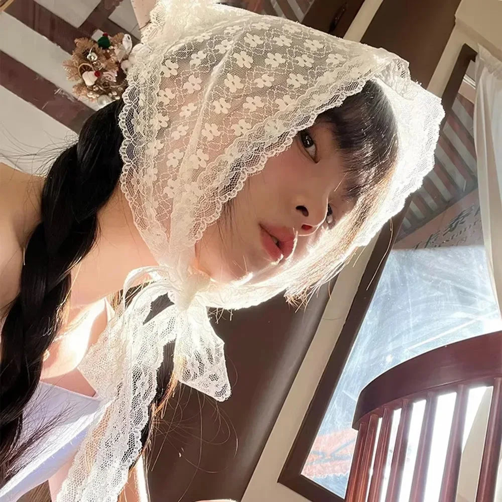 White Lace Floral Triangle Scarf – Elegant Breathable Bandana