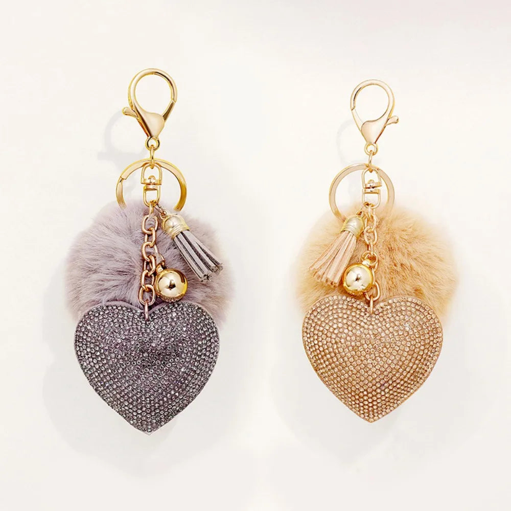 Faux Fur Plush Ball Keychain – Rhinestone Heart Bag Charm