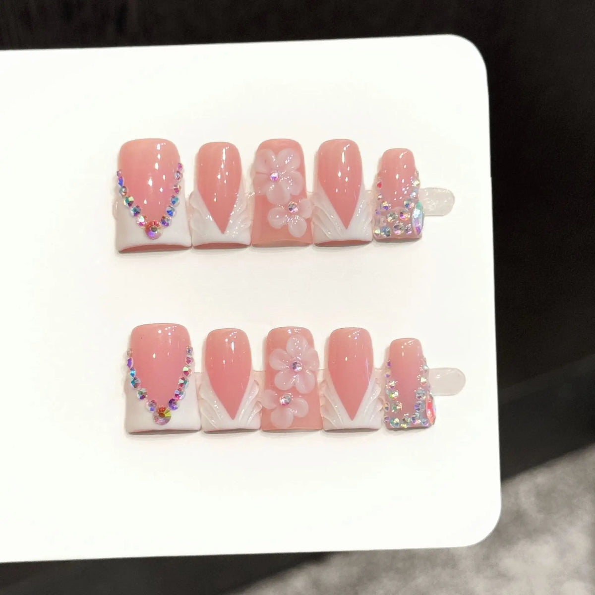 Handmade 3D Floral Rhinestone French False Nails | 10pc Set
