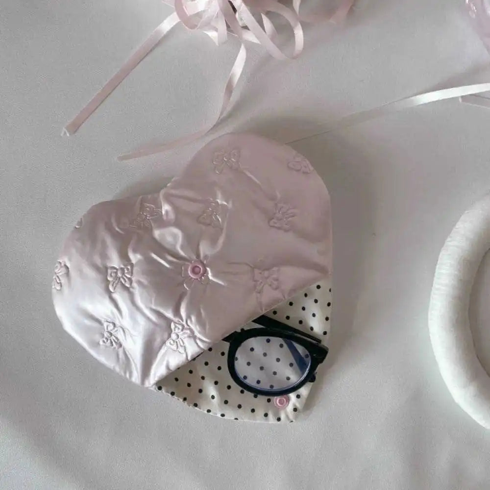 Glasses Pouch Bow Embossed Heart Pink PU Leather Patterns Shaped