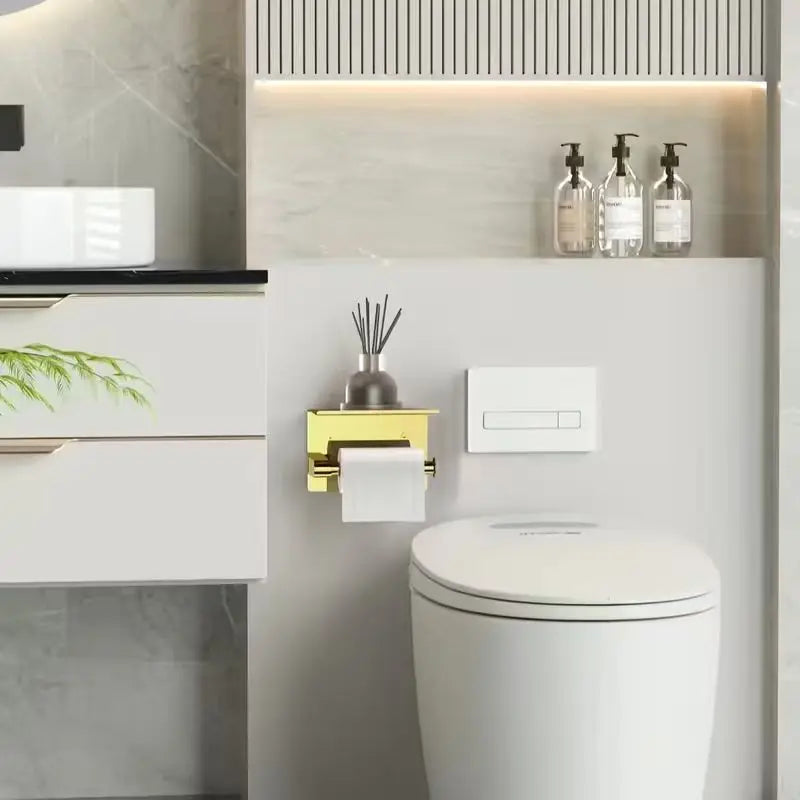 Golden Toilet Paper Holder with Phone Shelf | No-Drill Mount