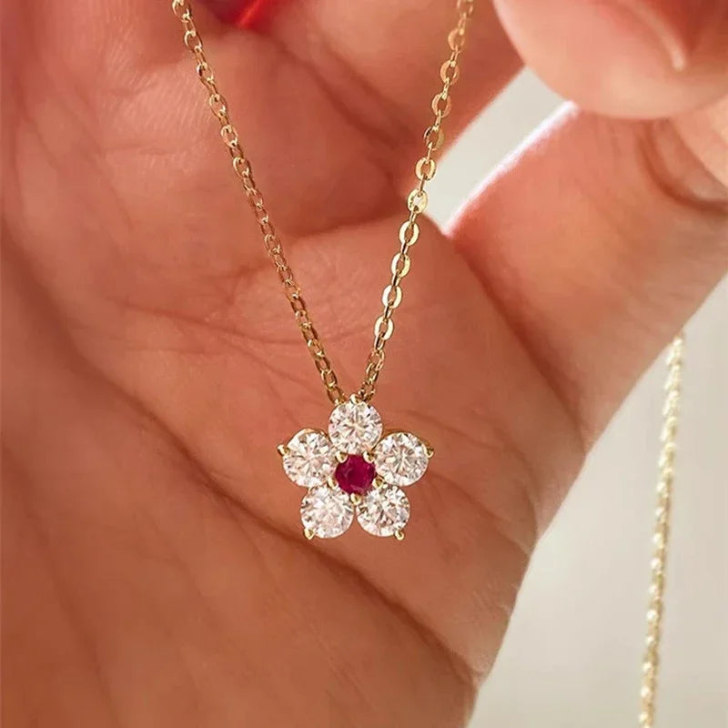Huitan Flower Pendant Necklace Red CZ | Women's Fashion