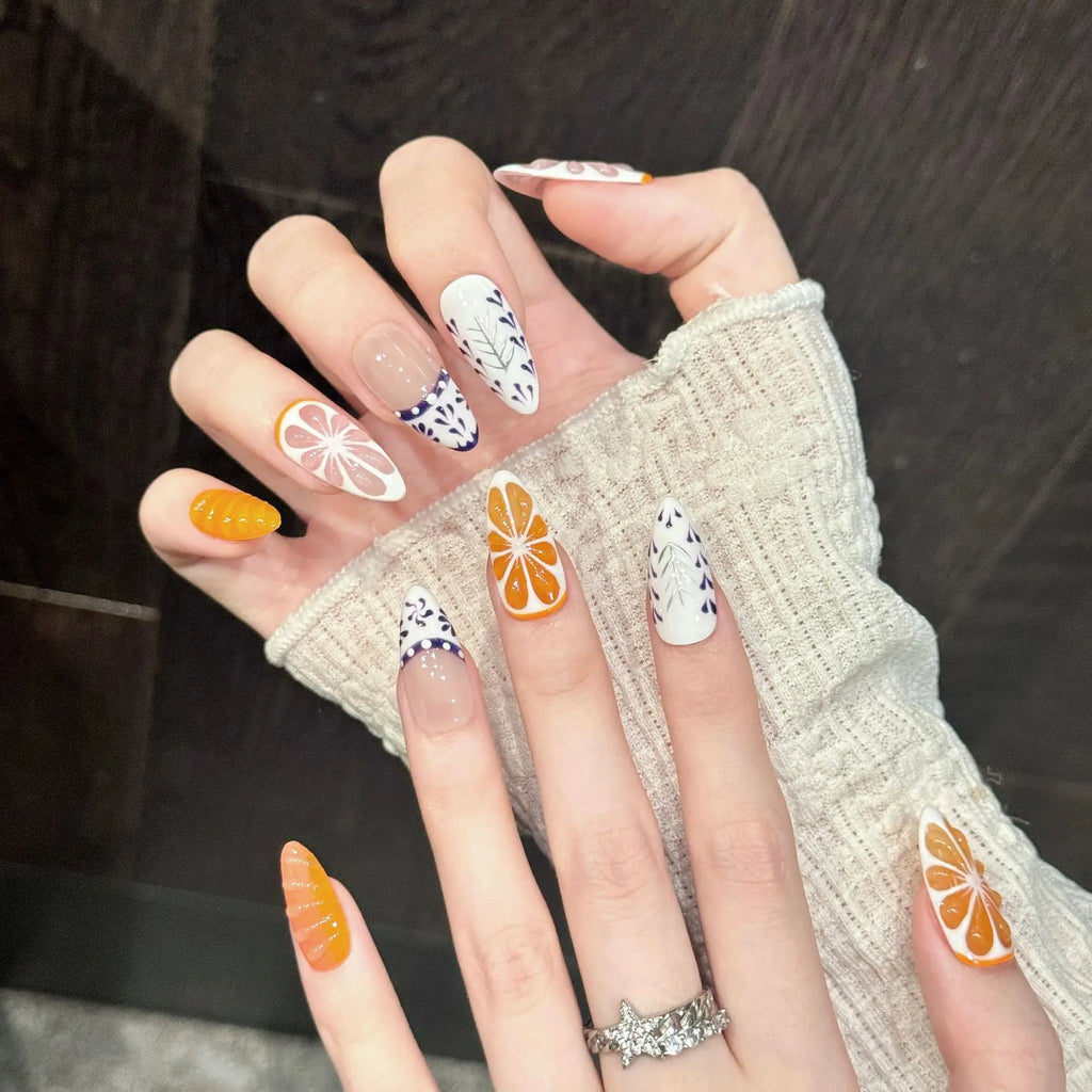 Handmade Press On Nails 3D Grapefruit Orange Almond Set 10pc