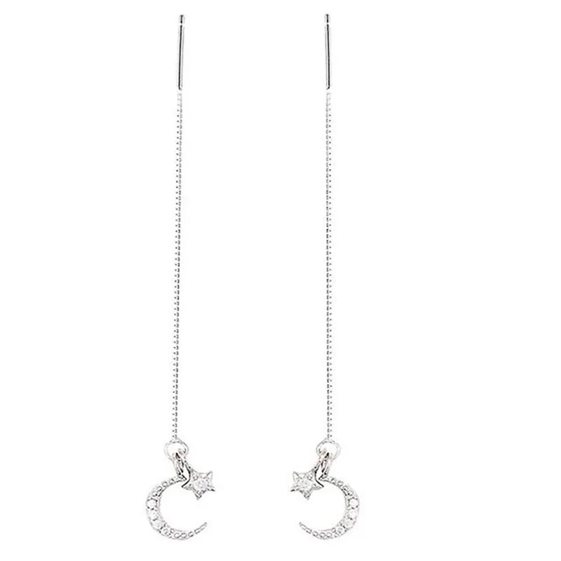 Huitan Moon & Star Long Tassel Drop Earrings | Silver Zirconia