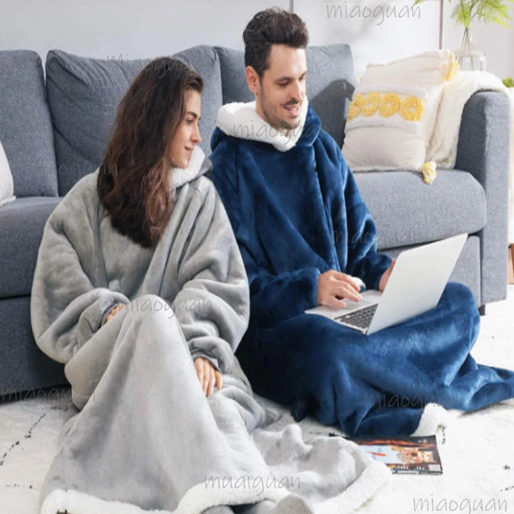 Oversized Flannel Blanket Hoodie – Fleece Pullover Robe
