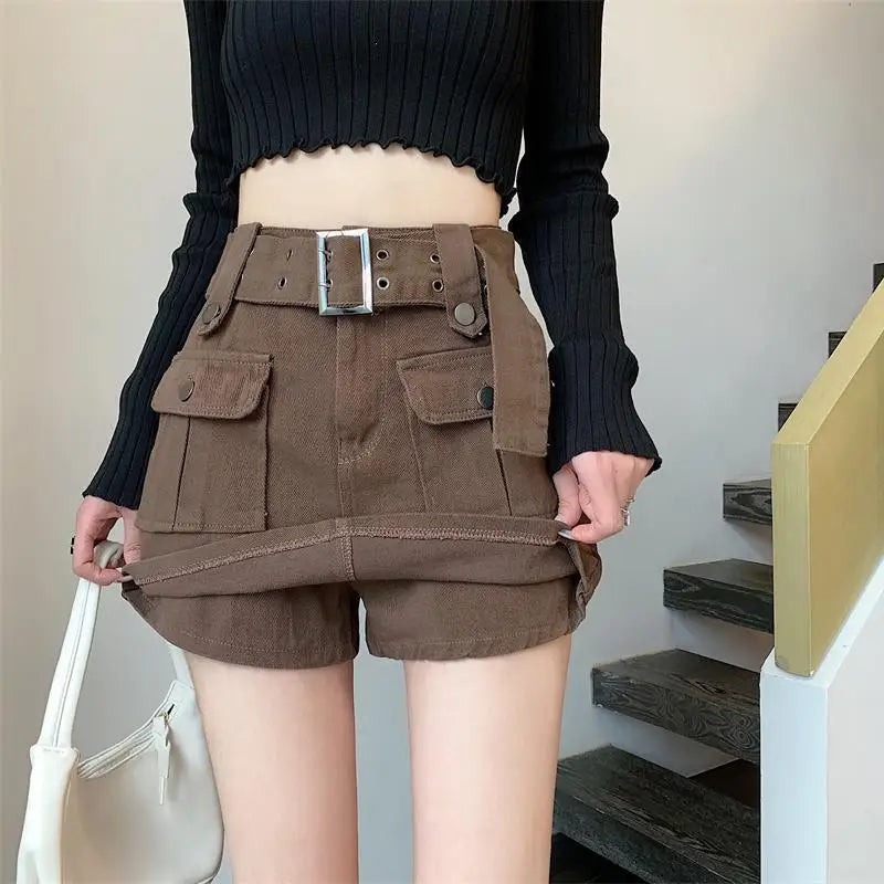 Women's Y2K High-Waist Cargo Skort – A-Line Skirt Shorts