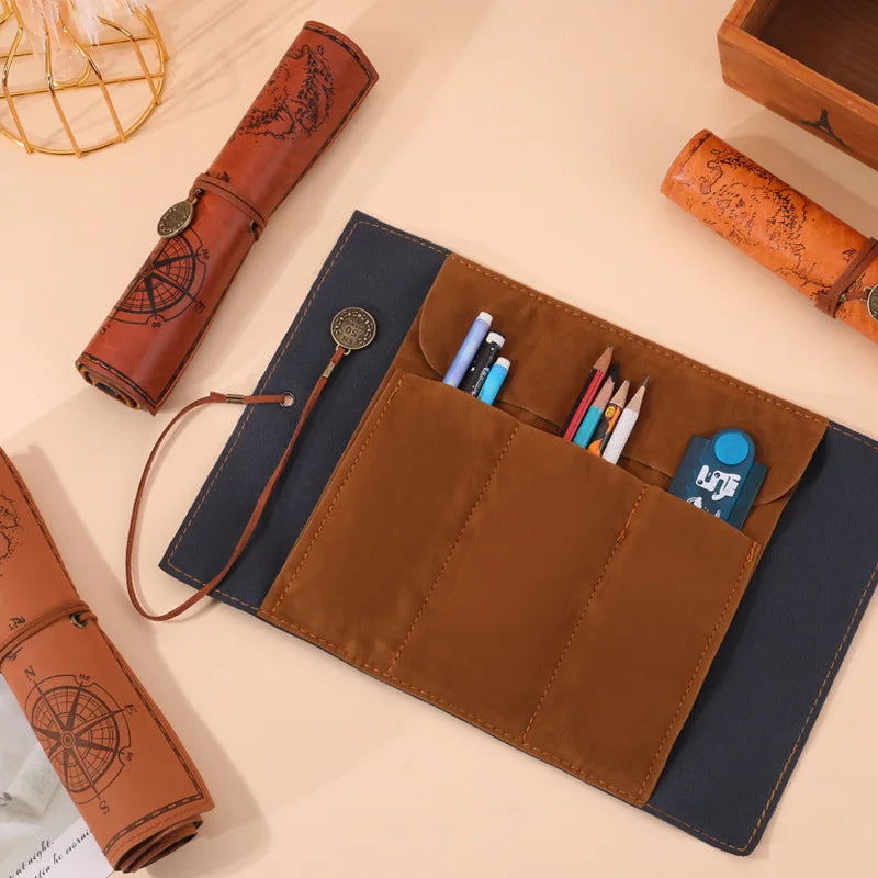 Creative Treasure Map Retro Leather Pencil Case Large Capacity Roll