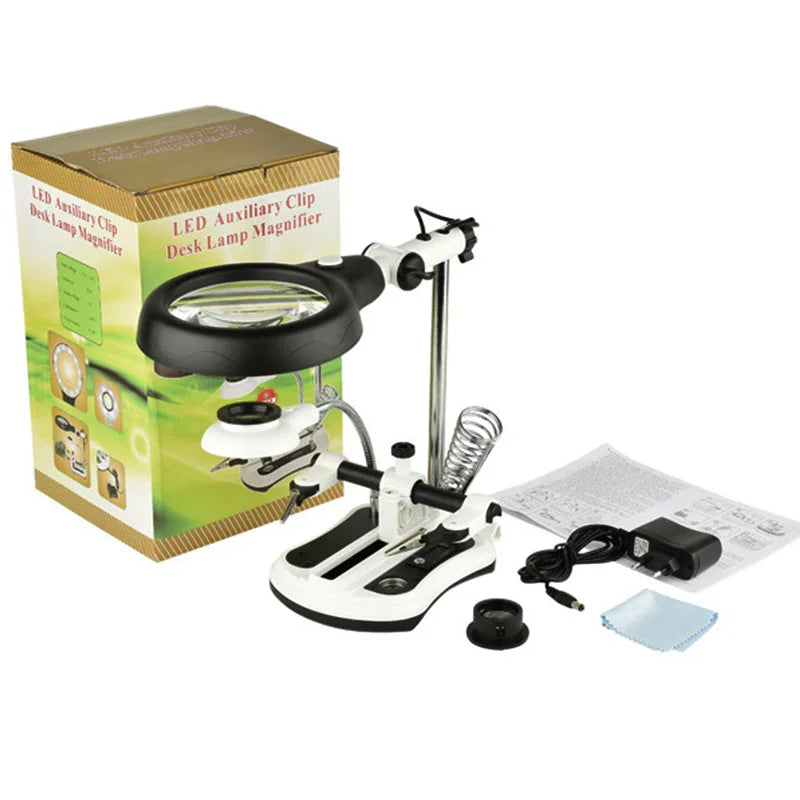 LED Desktop Magnifier & Third Hand Soldering Loupe with Clips