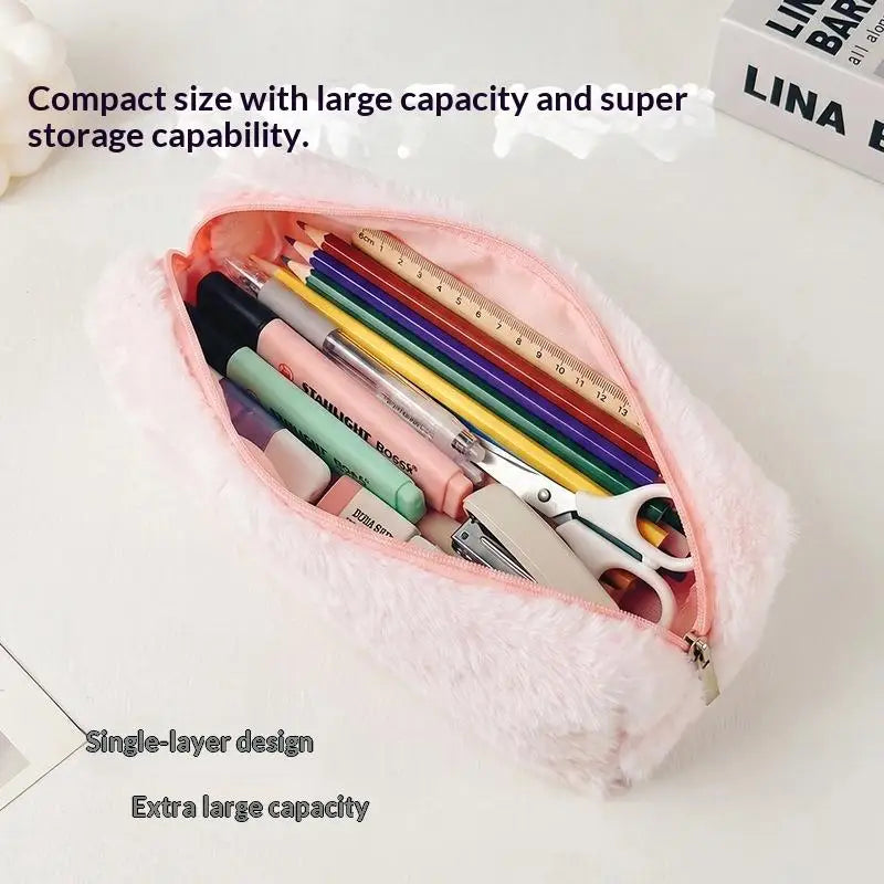 Plush Pencil Case & Makeup Bag – Large Capacity Fluffy Pouch
