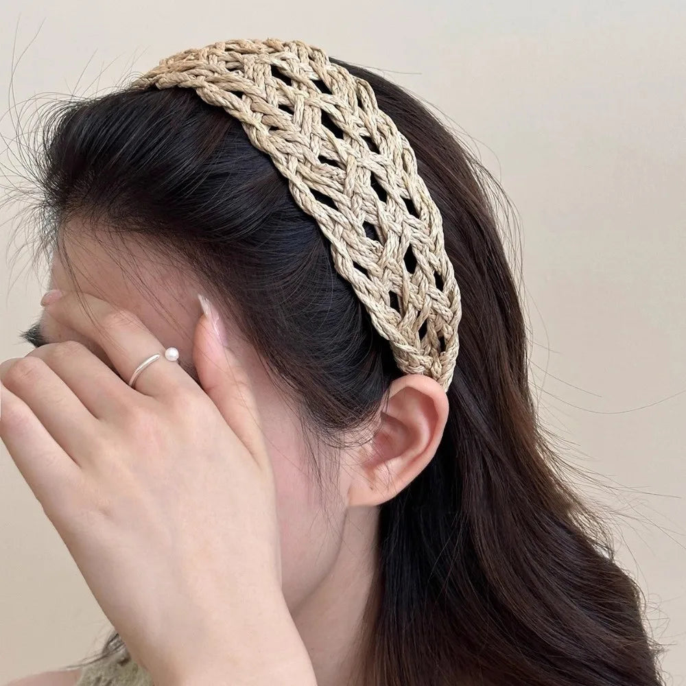 Hollow-Out Woven Straw Headband – Wide Hair Hoop for Women
