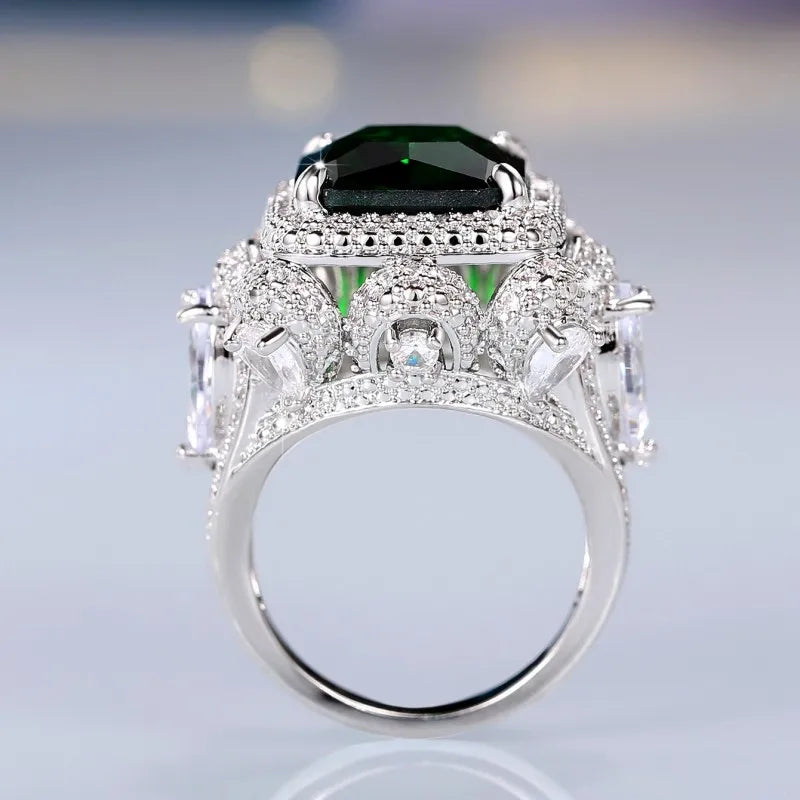 Huitan Green CZ Geometric Ring – Iced Out Silver Statement