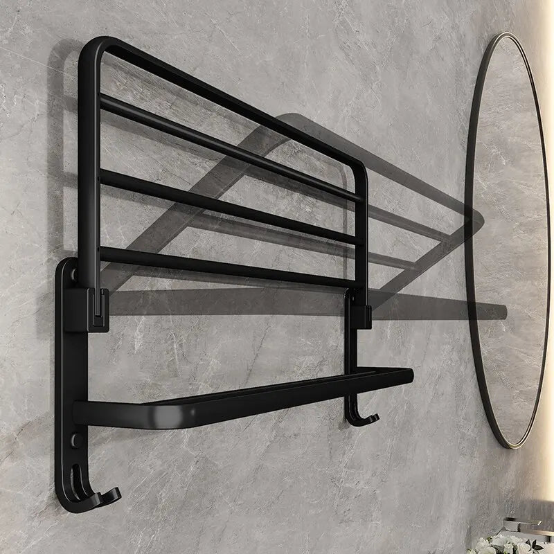 Matte Black Folding Double Bar Towel Rack | Wall Mount + Hook