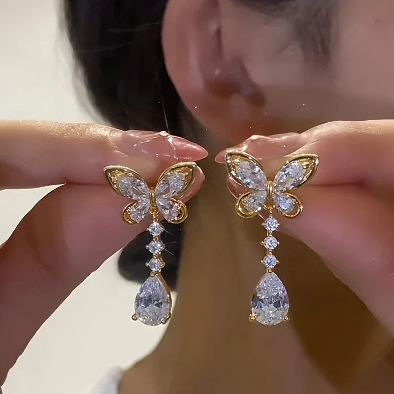Huitan Gold Butterfly Dangle Earrings – CZ Drop Earrings