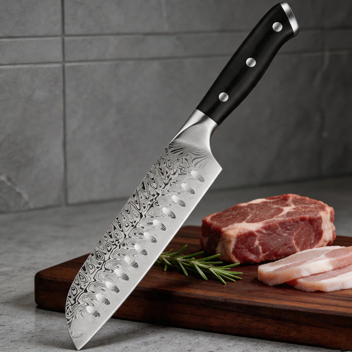Damascus Chef Knife 7-Inch | Engraved Blade & Anti-Slip Handle