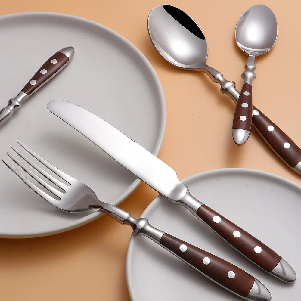 6-Piece Wood-Grain Stainless Steel Cutlery Set | Knife Fork Spoon