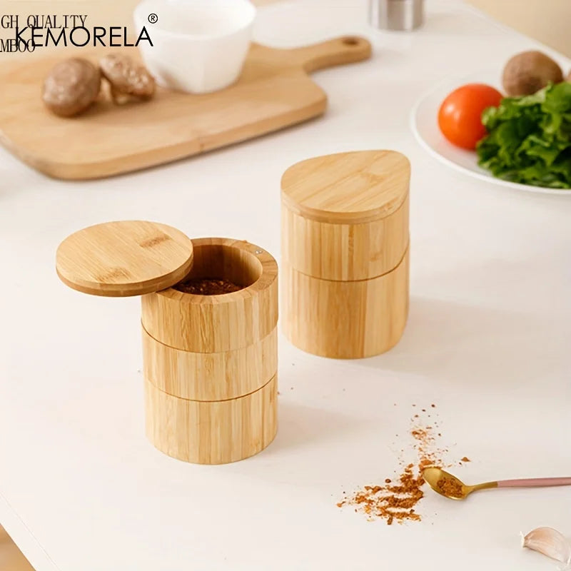 3-Tier Bamboo Salt Box & Spice Storage Jar Set with Spoon